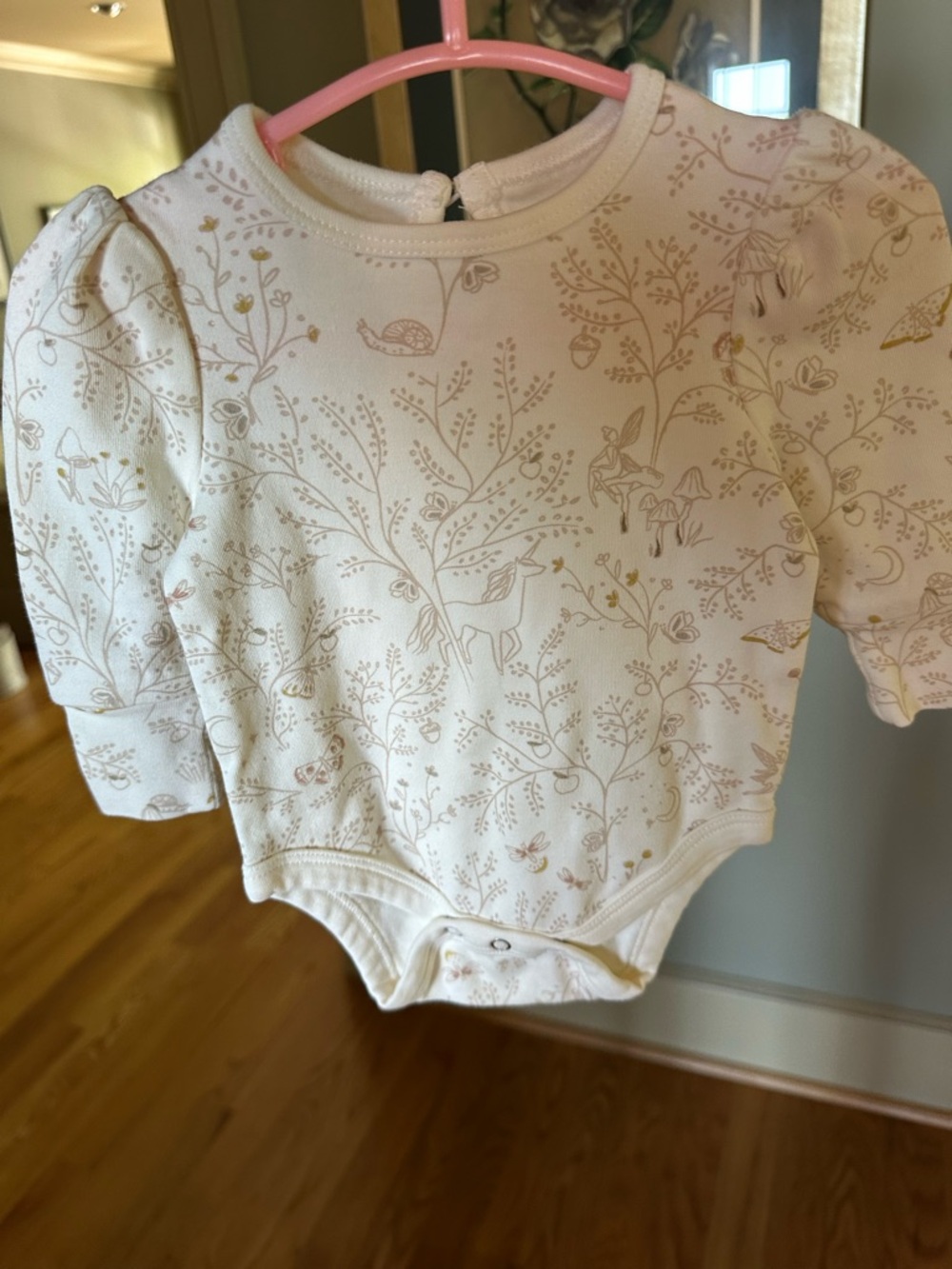 Cream Floral & Woodland Print Baby Bodysuit with Puff Sleeves